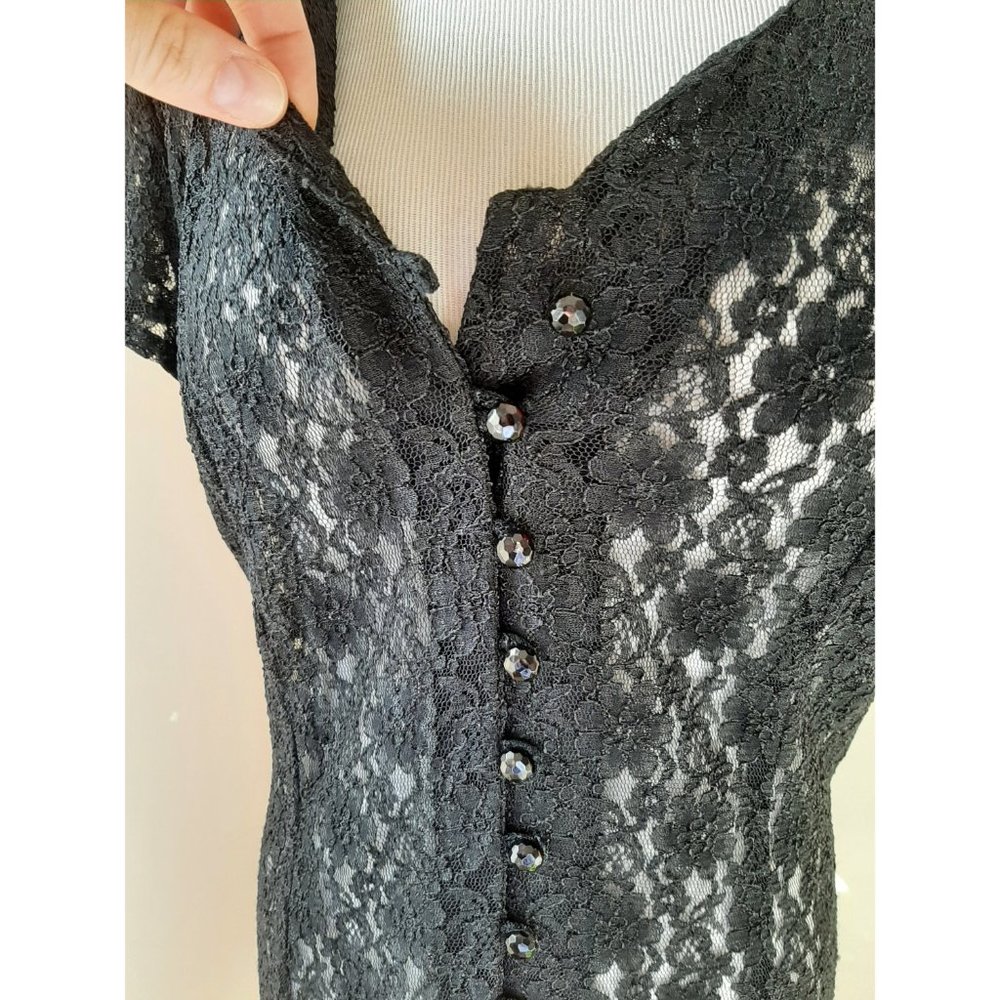 Vtg Black Sheer Lace Button Midi Dress Fit & Flare Whimsigoth 90s Corset Tie - Picture 5 of 10